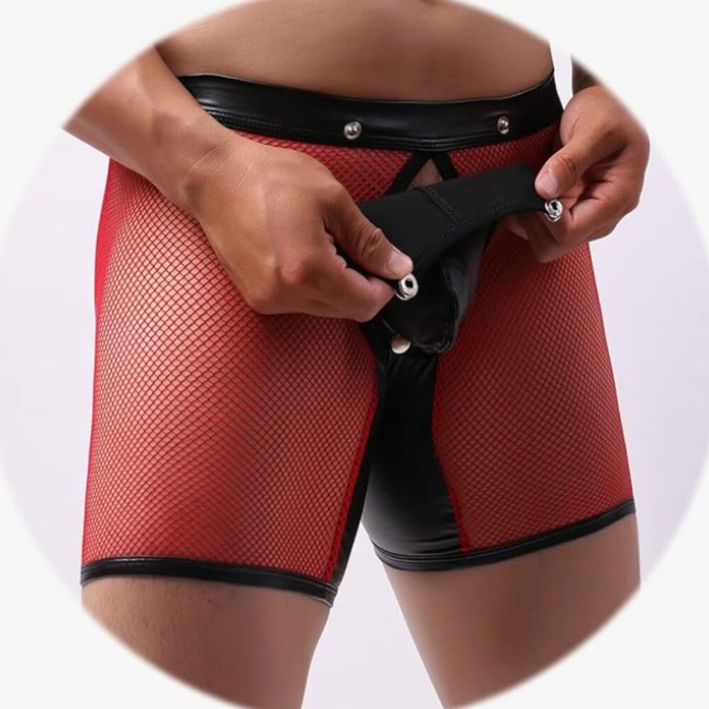 Men’s Sexy See-Through Mesh Shorts – Faux Leather Trim, Loose Fit, Erotic Clubwe - Picture 3 of 7